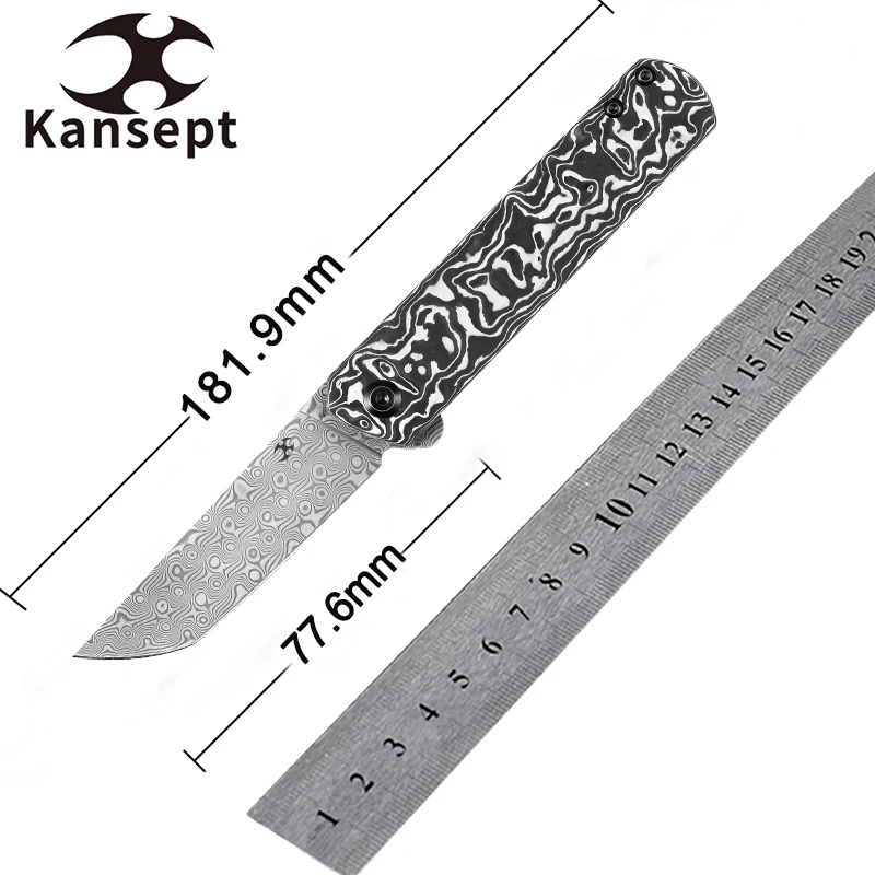 

Kansept Knives 2024 New Foosa 2020 Folding Knife Damascus Blade with Black White Carbon Fiber Slip Joint for EDC Outdoor Carry