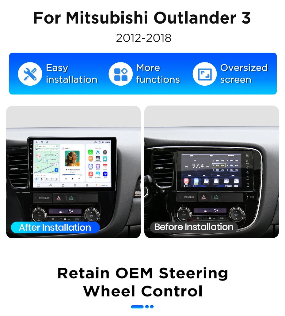 Junsun Android 15 Auto-Intelligenzsysteme für Mitsubishi Outlander 3 GF0W GG0W 2012-2018, kabelloses CarPlay für Apple Auto, 9" – Detail 4