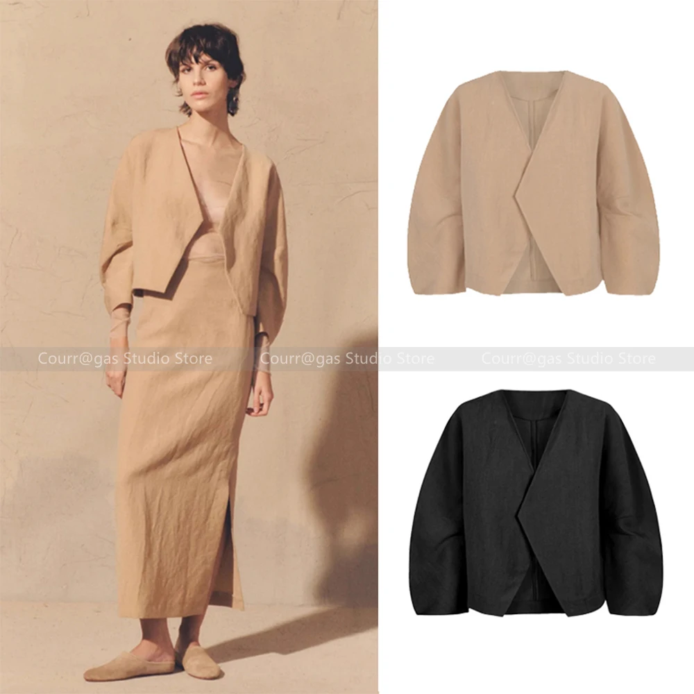 

Spain niche chic linen wool curved sleeves textured buttonless short jacket + split half skirt + trousers set