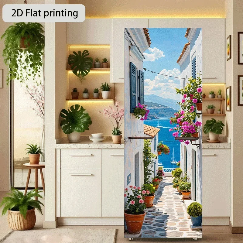 Refrigerator Sticker Blue Alley Flower Shadow Reflecting on the Sea Themed Design, Self-Adhesive Wall Decal Wallpaper, Suitabl