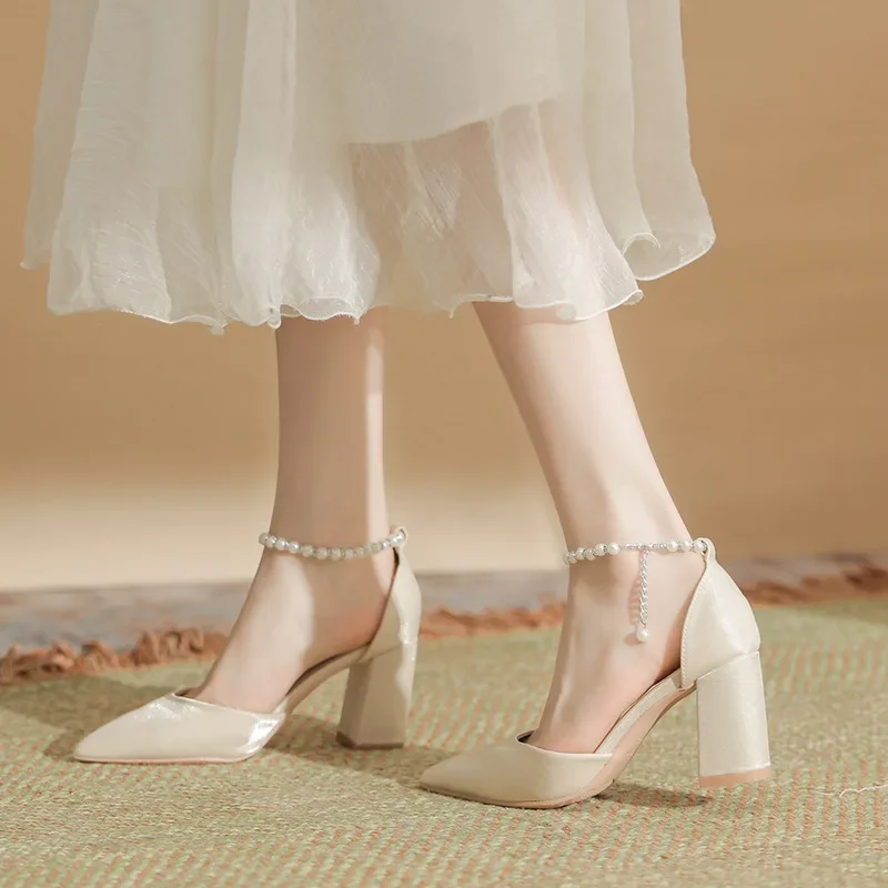 Size 30-44 Chunky Heel Pointed Toe Hollow Pearls Buckle Satin Apricot All-match High Heel Wedding Shoes Women