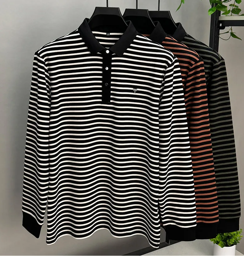 High-end Polo Shirt Men\'s Striped Business Casual Printed Long-sleeved Fashion Spring Autumn Lapel T-shirt Hot stamping Tops