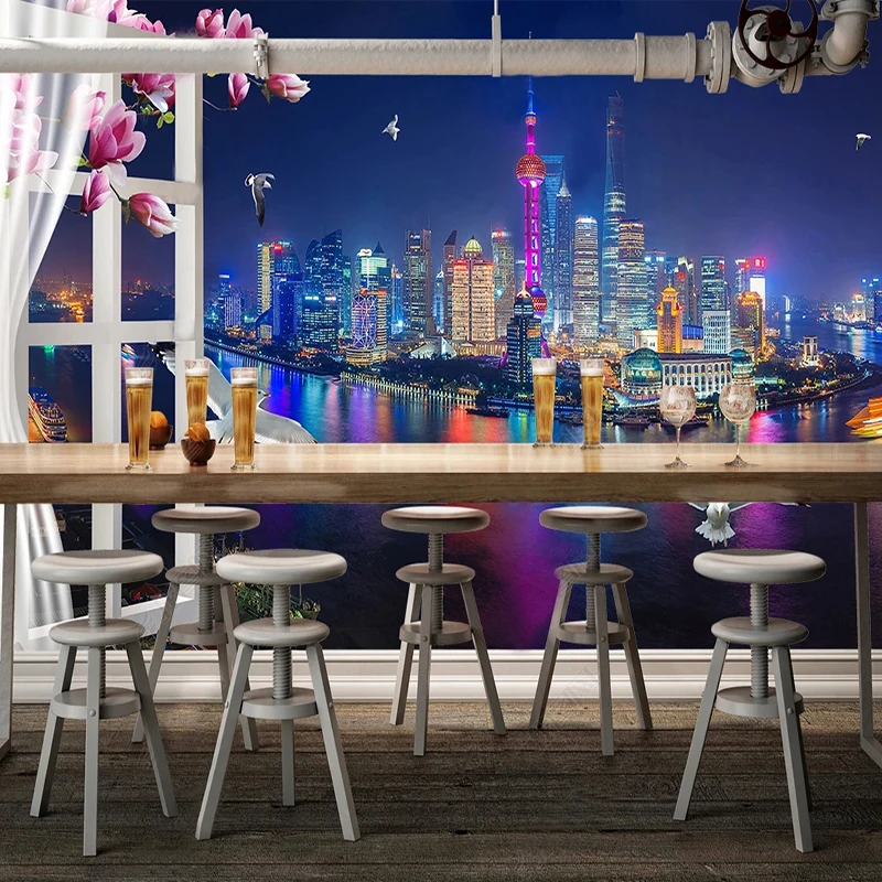 

Custom 3D Wallpaper Beautiful Night View Shanghai Bund Outside The Window Photo Murals Living Room Sofa Background Wall Decor