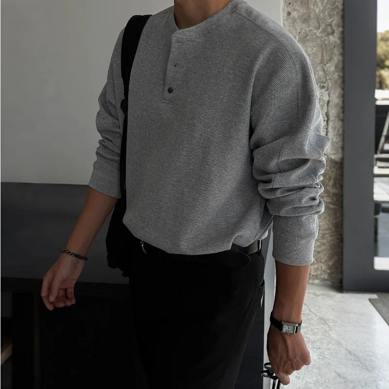 Waffle Henry Collar Long Sleeve T-Shirt Men's Spring and Autumn Loose Old Money Style Base Shirt