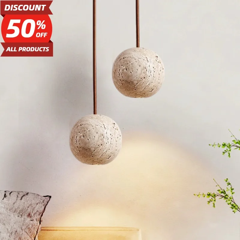 

Pendant Lamp Stone Yellow Travertine Chandelier Bedside Small Round Light Nordic Bedroom Creative Hanging Line Led Lighting