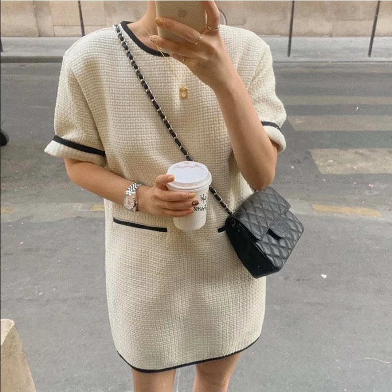 

2024 Spring Autumn Office Lady Mini Tweed Dress Women Short O-Neck Half Sleeve Straight Casual Style for Female Dress Vestidos