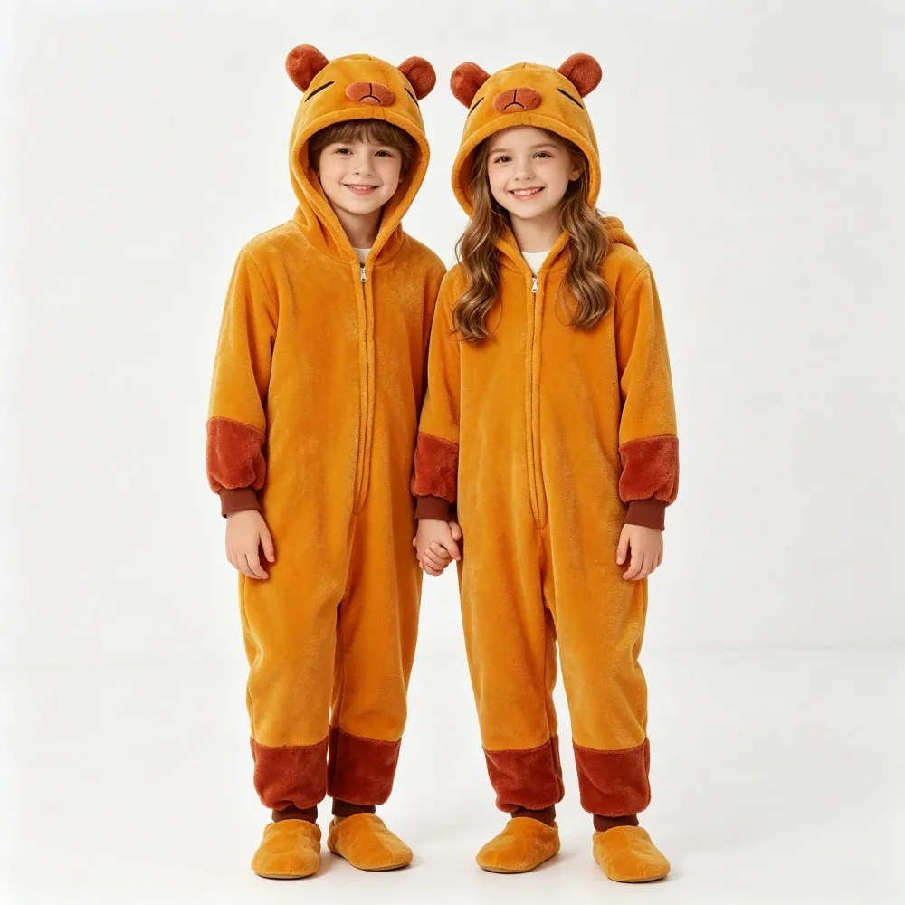 One Piece Hooded Zipper Kids Kigurumi Pajamas Children's Capybara Oneises Winter Warm Animal Cartoon Sleepwear Cosplay Pyjamas