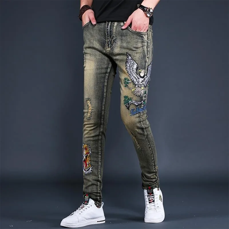 

Men's Clothing Spring and Autumn high quality Fashion Brand Personalized Printed Slim-Fit Stretch Ripped Retro Fashionable Jeans