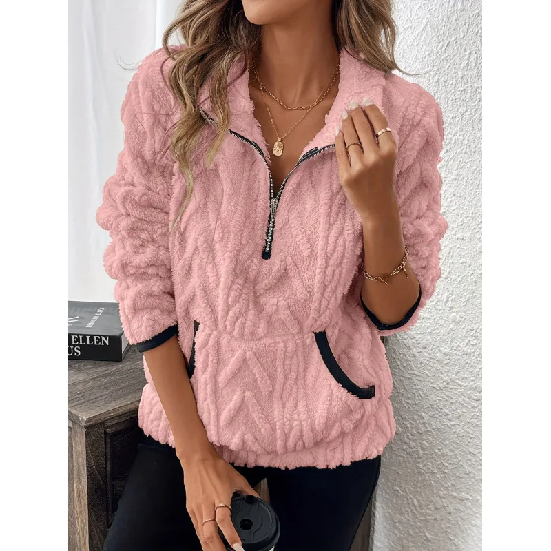 2025 Autumn and Winter New European and American Lapel Half Zipper Plush Pocket Short Sweater Women