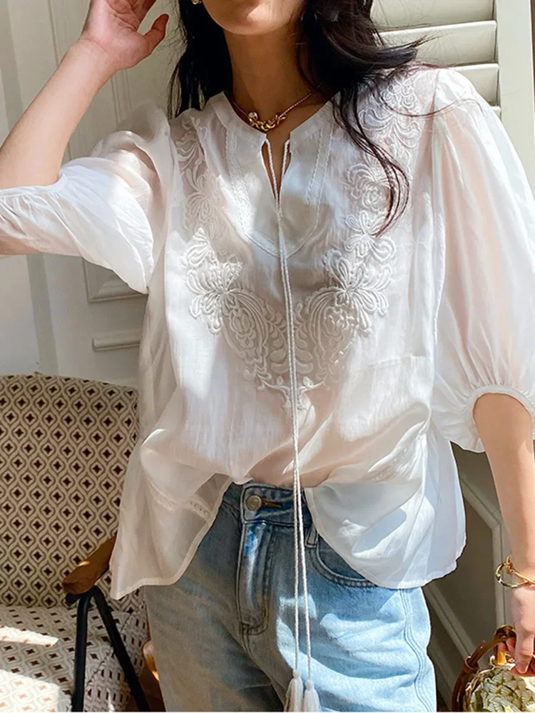 Summer Embroidery Chic Blouse Shirt Bohemian Vintage Tie Lace Up Sheer Sexy Blouse Holiday Women Casual Tops New