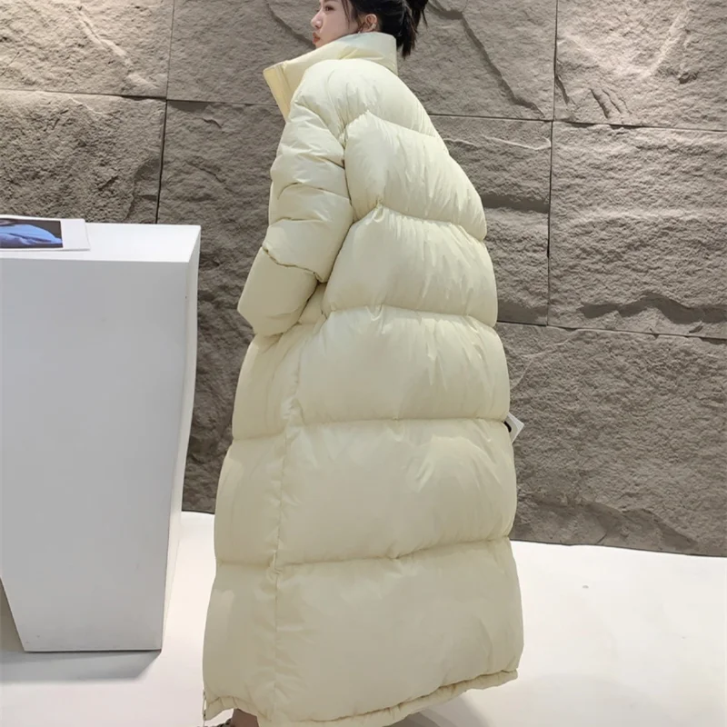 Loose Down Jacket for Women, Long Coat, Stand Collar, Monochromatic, Thick Windproof Coats, Winter Outwear, Fashion, New, 2024