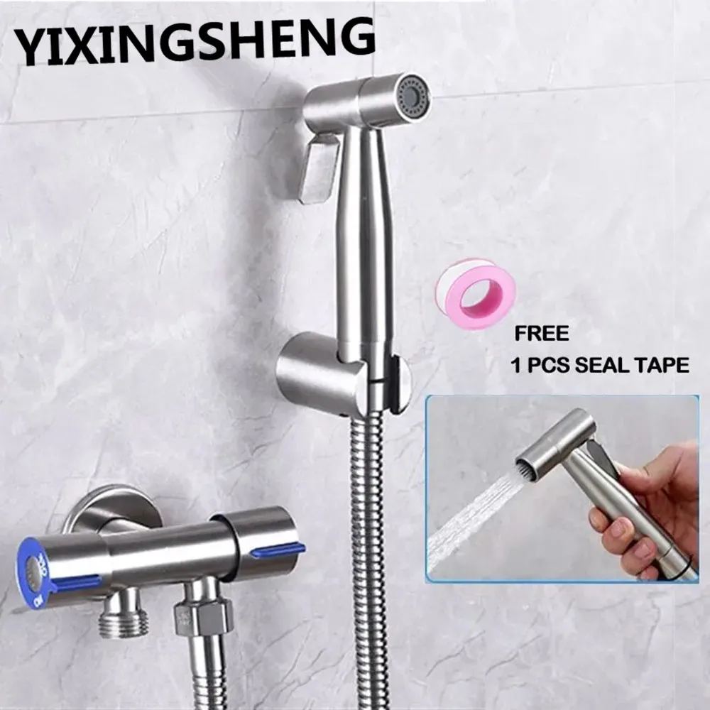 YXS Bathroom Toilet Bidet Sprayer Set 304 Stainless Steel Two Way Faucet With 1.5M Flexible Hose Bathroom Shower Head Set
