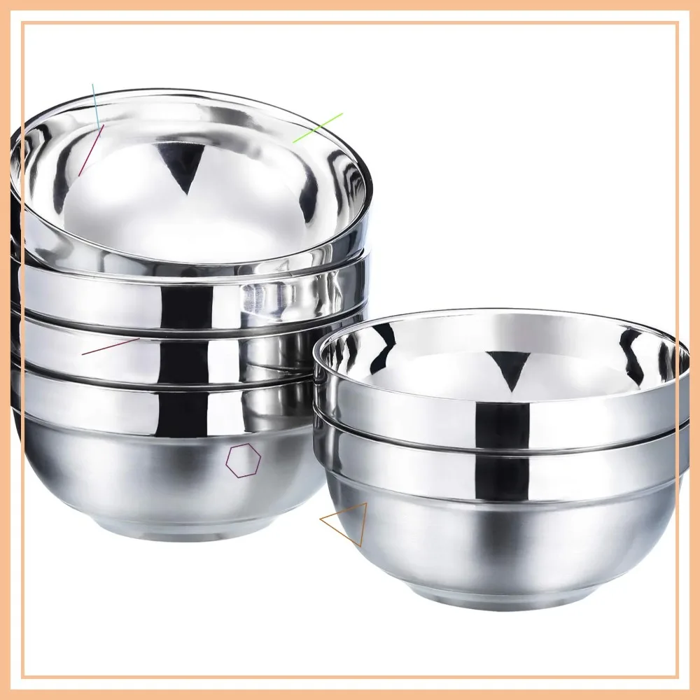 

6-Pack Stainless Steel Bowls for Kids and Adults, Double-Walled Insulated Cereal Bowls, Metal Snack Bowl (15 oz)
