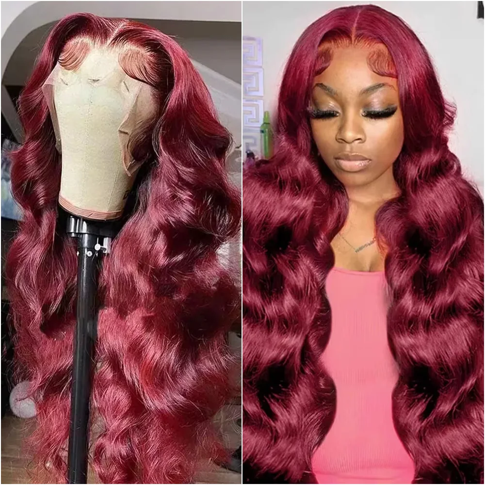 

200% Density Body Wave Wig Burgundy 99J Lace Front Wig 13x4 13x6 HD Lace Frontal Wig Human Hair 99j Red Colored Wig For Women