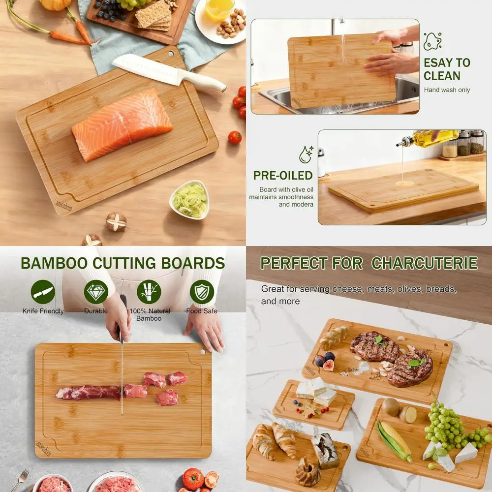 

4-Piece Wooden Cutting Board Set with Juice Grooves and Built-In Handles for Easy Storage and Cleaning, Ideal for Chopping Meat,