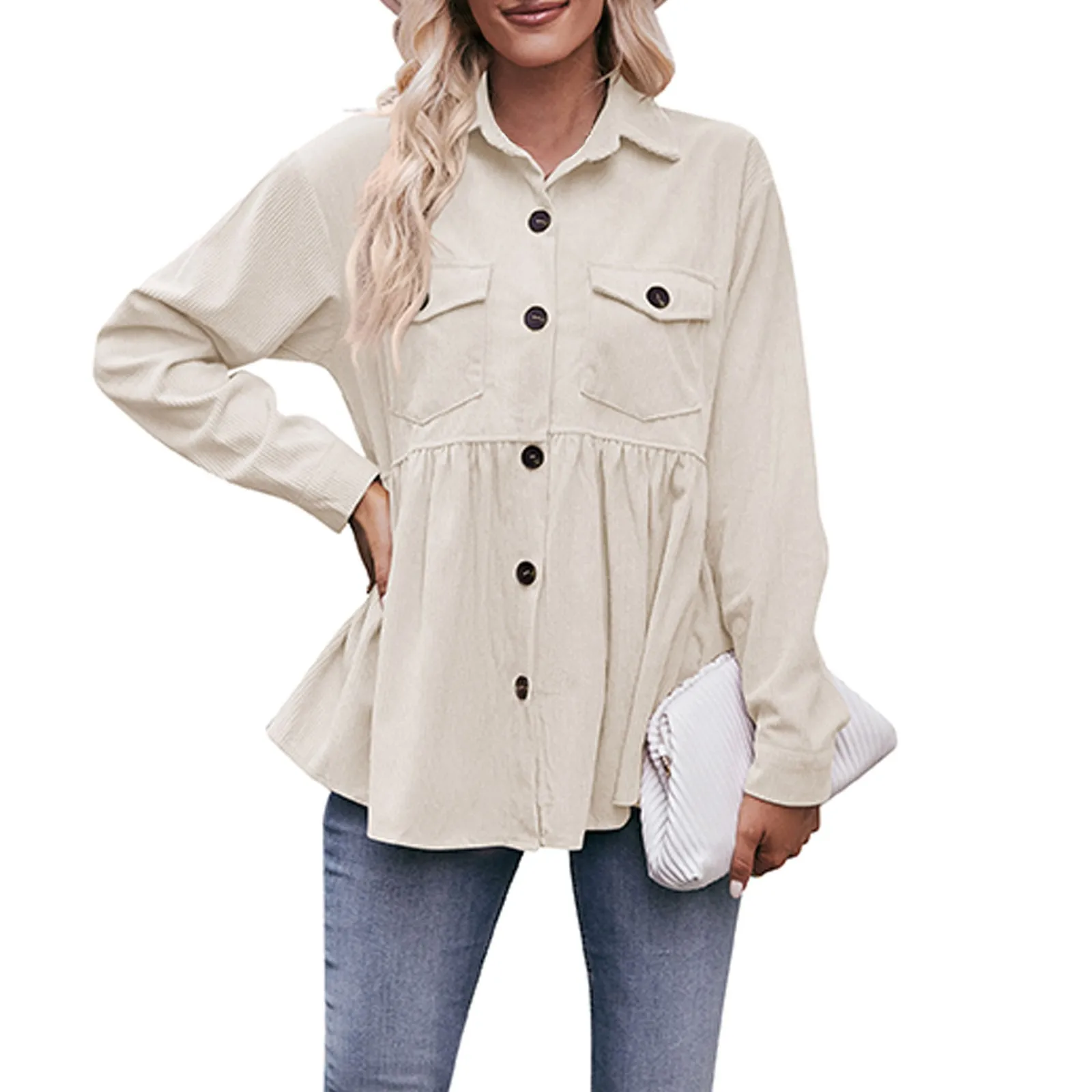 Women'S Corduroy Shirt With A Row Of Buttons Casual Shirt Coat With Pleats Doll Shirt Babydoll Corduroy Shirt Top Women Shirt