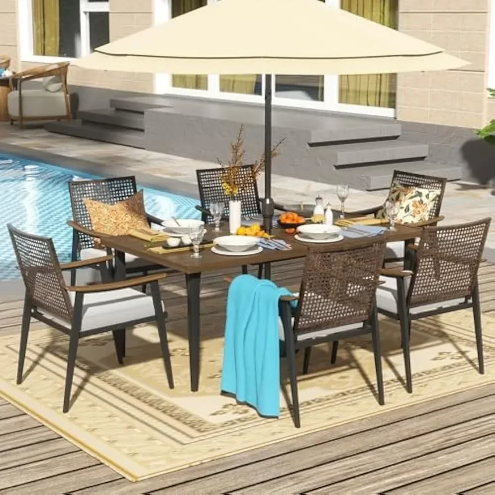 7Piece Patio Dining Table Sets,6 Rattan Wicker Chairs And 70” Large Dining Table