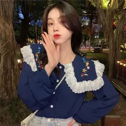 Spring New Embroidery Patchwork Top Shirt Long Sleeve Solid Peter Pan Collar Loose Blouse Fashion Youth Sweet Women Clothes