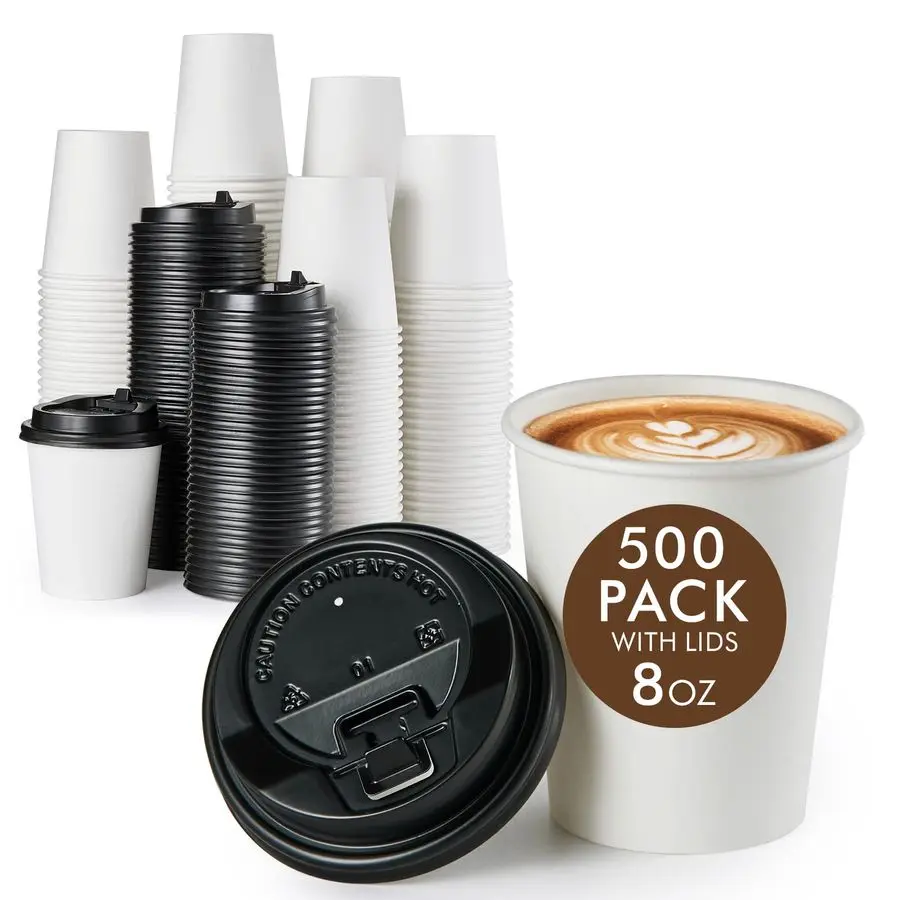 

500 Pack 8 OZ Paper Coffee Cups, Disposable 8 OZ Coffee Cups With Lids, Cold Hot Drinking, For Home, Traveling, Stores, Office,