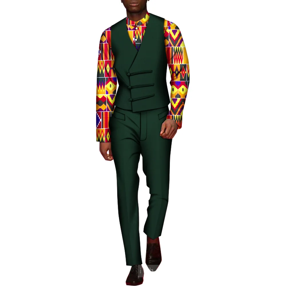 New Arrive African Dashiki Outfits Mens Print Suit Shirt Vest Pants Classic Gentle mens Tuxedo Prom Vest Custom 3 Pieces Set