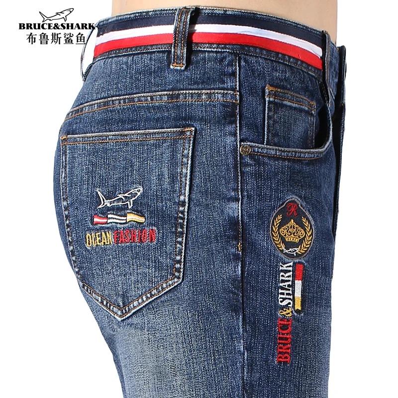 

New Men's Autumn Jeans Contrast Waistband Design Denims Bruce&Shark Straight Korean Style Men Jeans Thicken Stretch Trousers Big