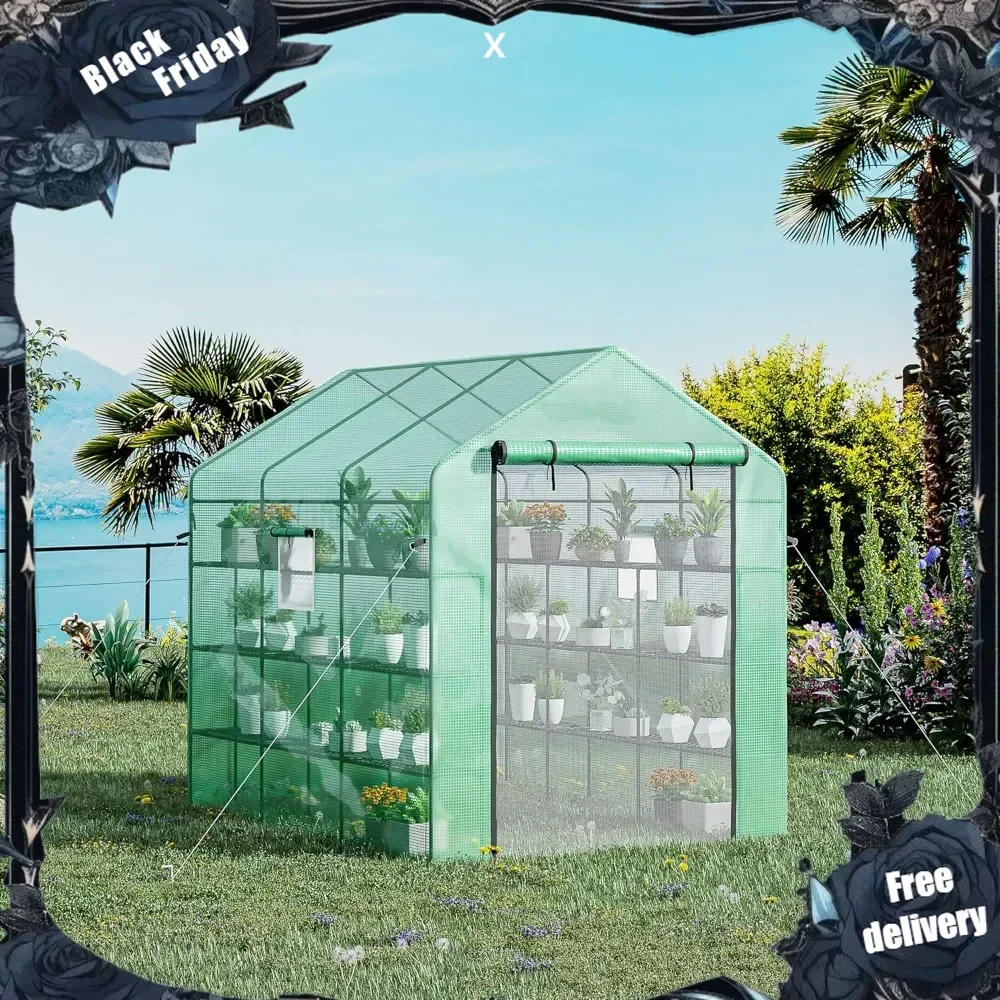 8' x 6' x 7' Walk-in Greenhouse with Mesh Door and Windows, 18 Shelf Green House with Trellis, Plant Labels