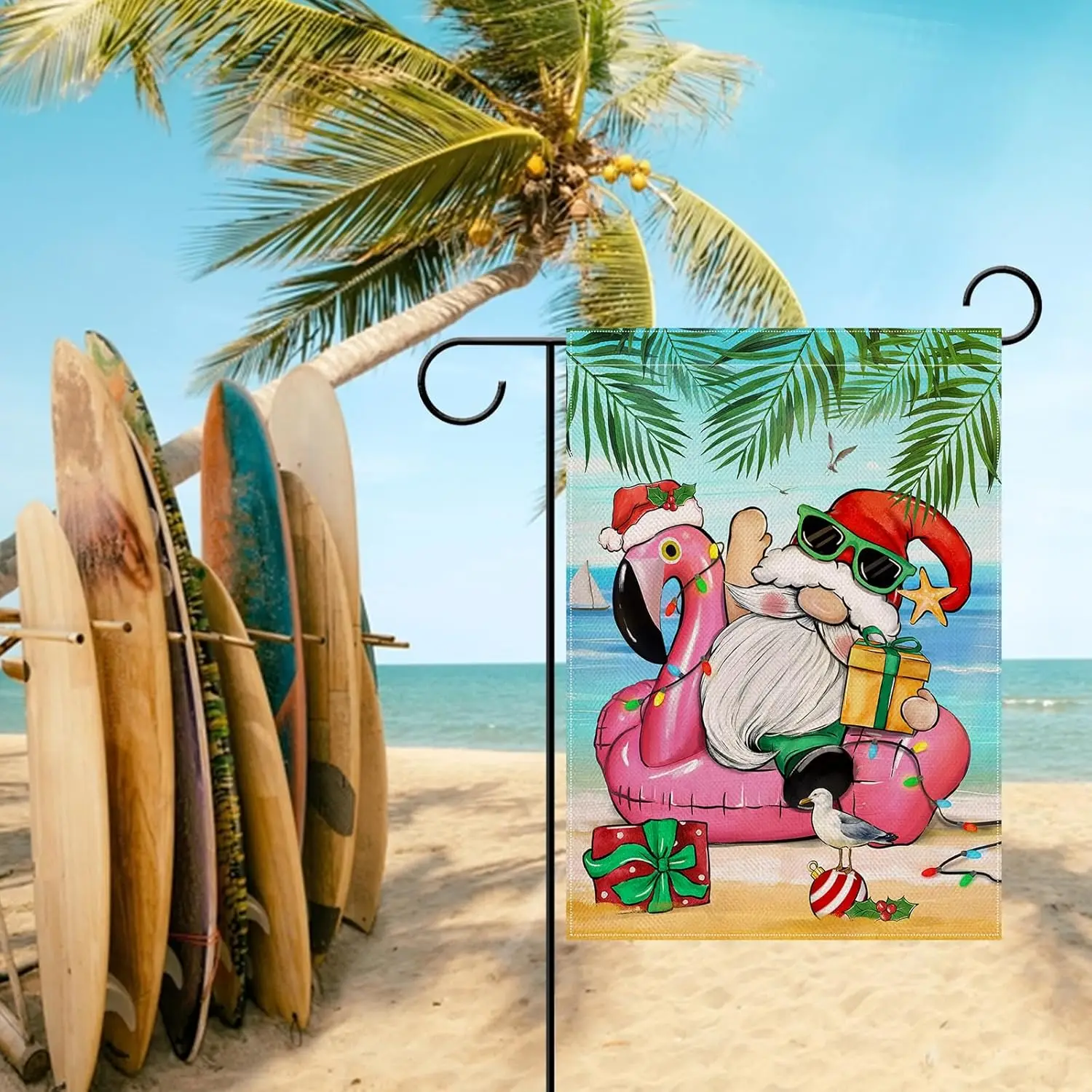 Artofy Beach Santa Claus Small Decorative Garden Flag, Christmas Xmas Flamingo Swim Ring Coastal Yard Lawn Outside Decor, Na jjp