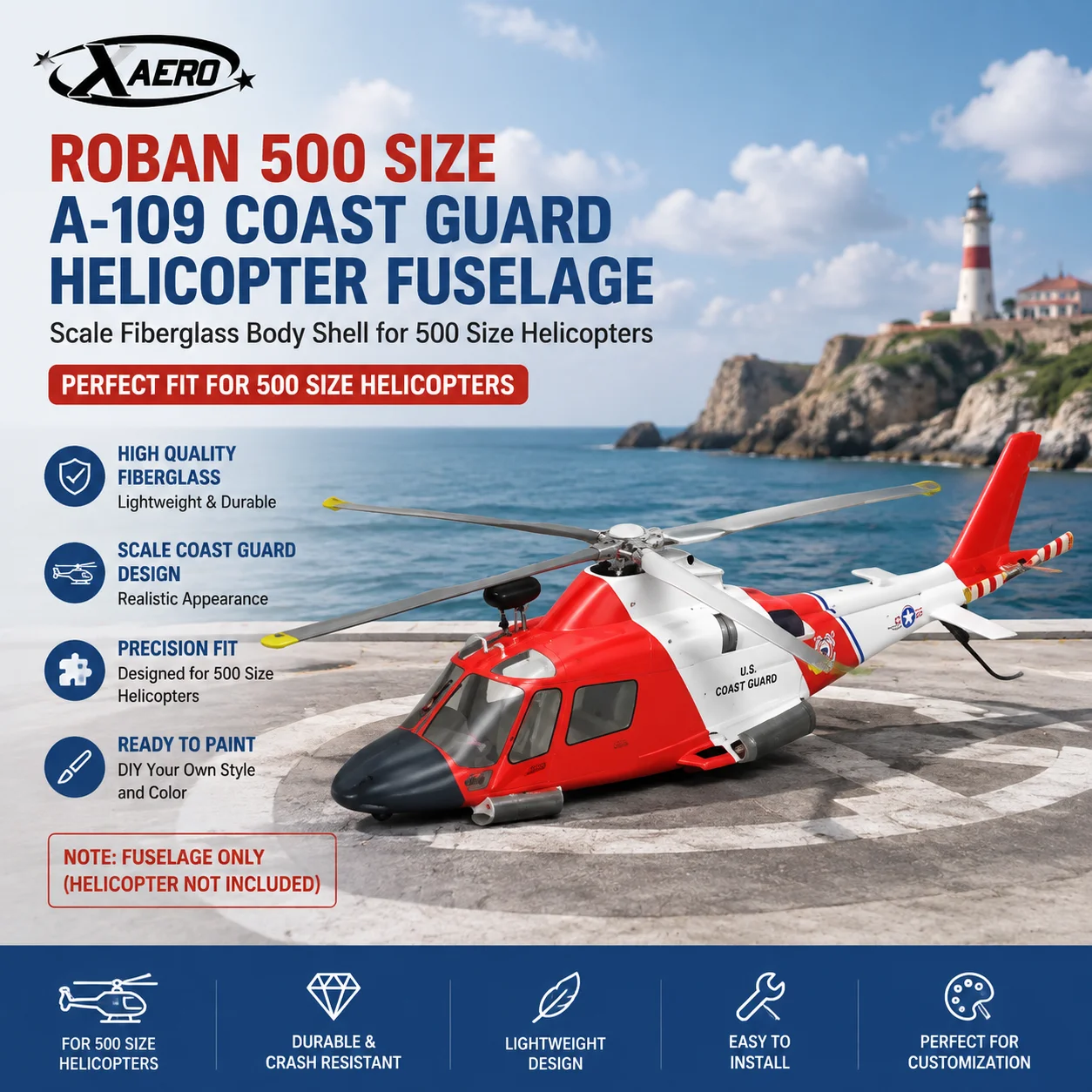 ROBAN 500 Size A-109 Coast Guard Scale Helicopter Fuselage Fiberglass Body Shell for 500 Size Helicopters