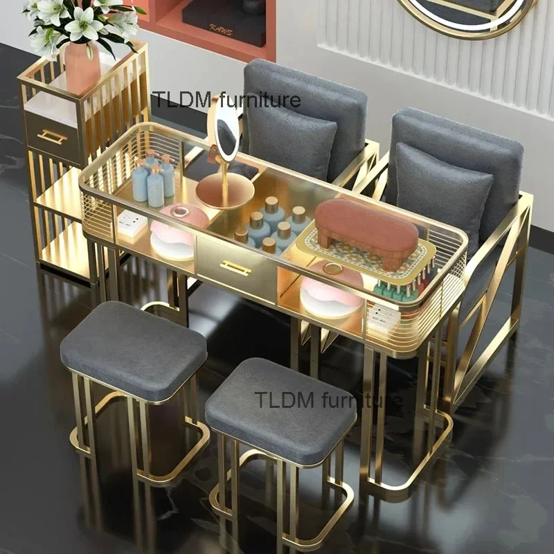 

Italian Light Luxury Glass Nail Tables Gold with Drawer Manicure Tables Modern Salon Furniture Beauty Salon Table and Chair Set