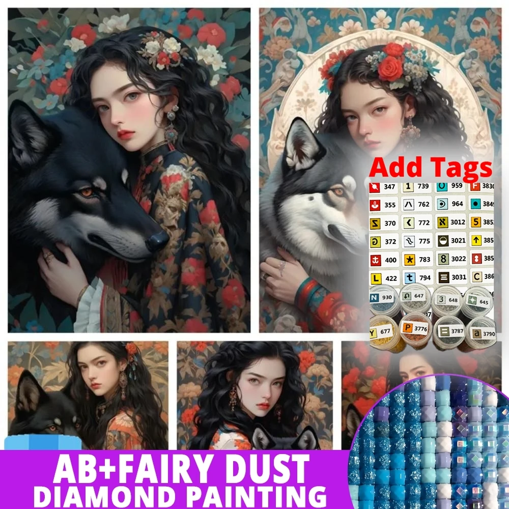 

Фея Пыль AB поставляется с наклейками DMC DIY Алмазная картина Полная 5D дрель Новый продукт Красивая девушка Волк Вышивка крестиком
