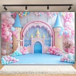 Fairy Tale Castle & Floral Balloon Photography Backdrop - Versatile Polyester Background for Birthdays, Weddings, Showers