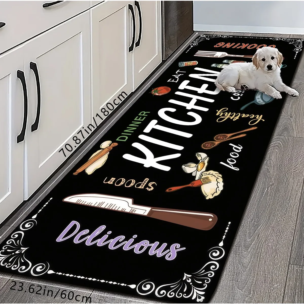 Chalkboard Style Kitchen Runner Rug Black Food Spoon Letter Floor Mat