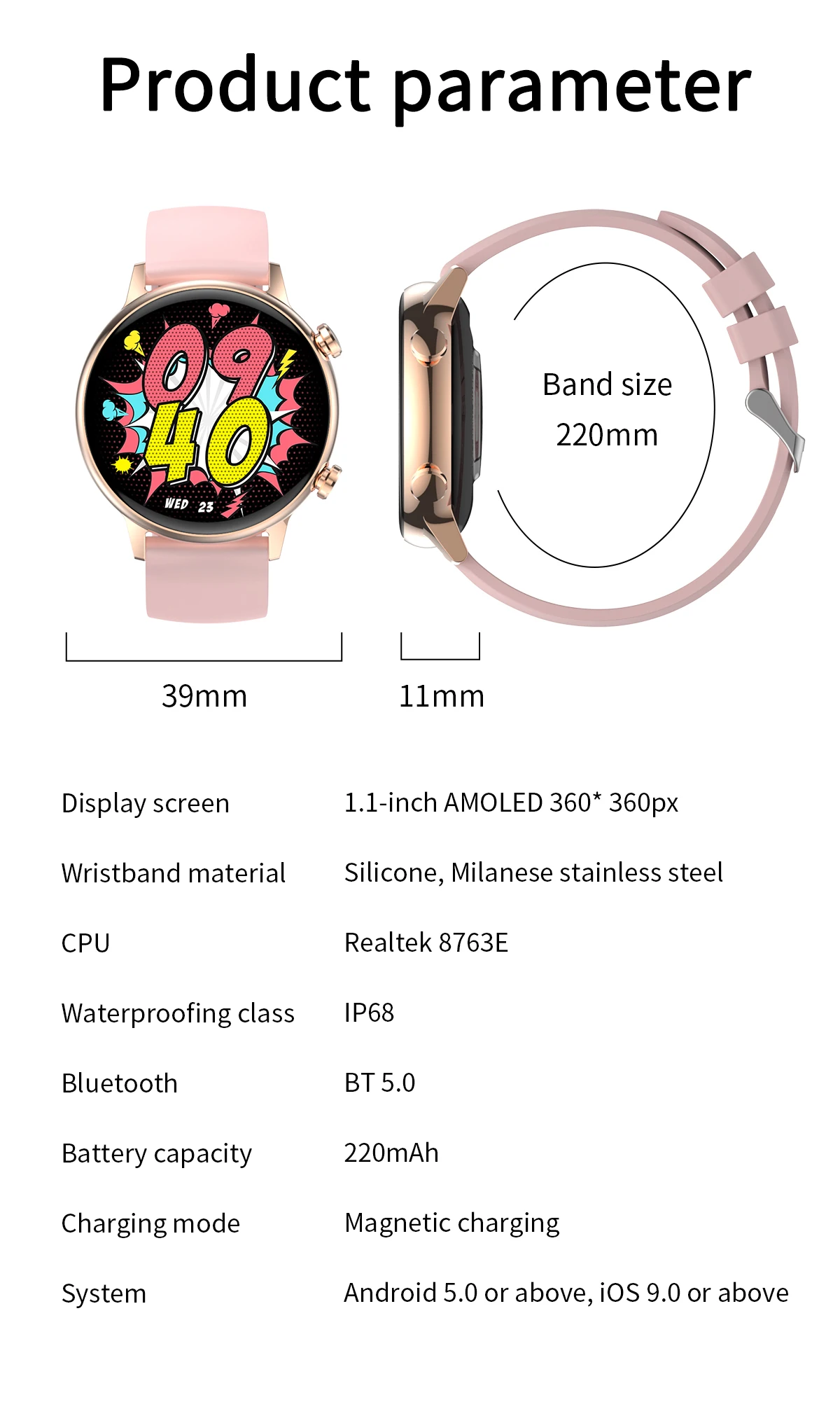 NFC Access Ultra Thin 1.1inch AMOLED Screen HK39 Smart Watch Sports Waterproof Female Cycle BT Call Smartwatch For iOS Android