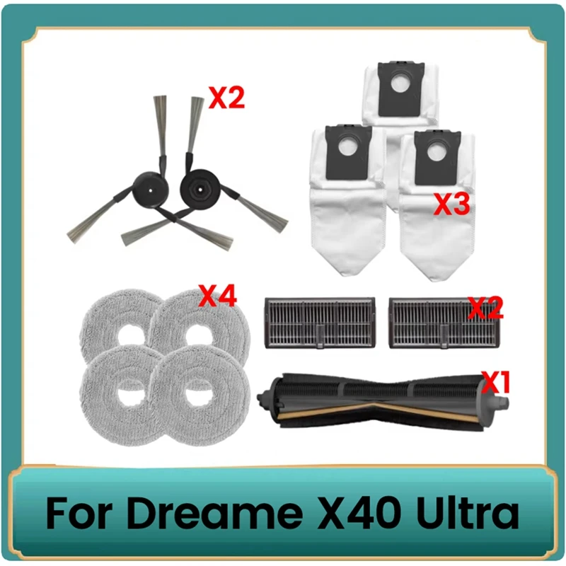 

A44F-12PCS For Dreame X40 Ultra Vacuum Cleaner Parts Cutting Hair Anti-Tangle Roller Brush Side Brush Filters Mop Dust Bags