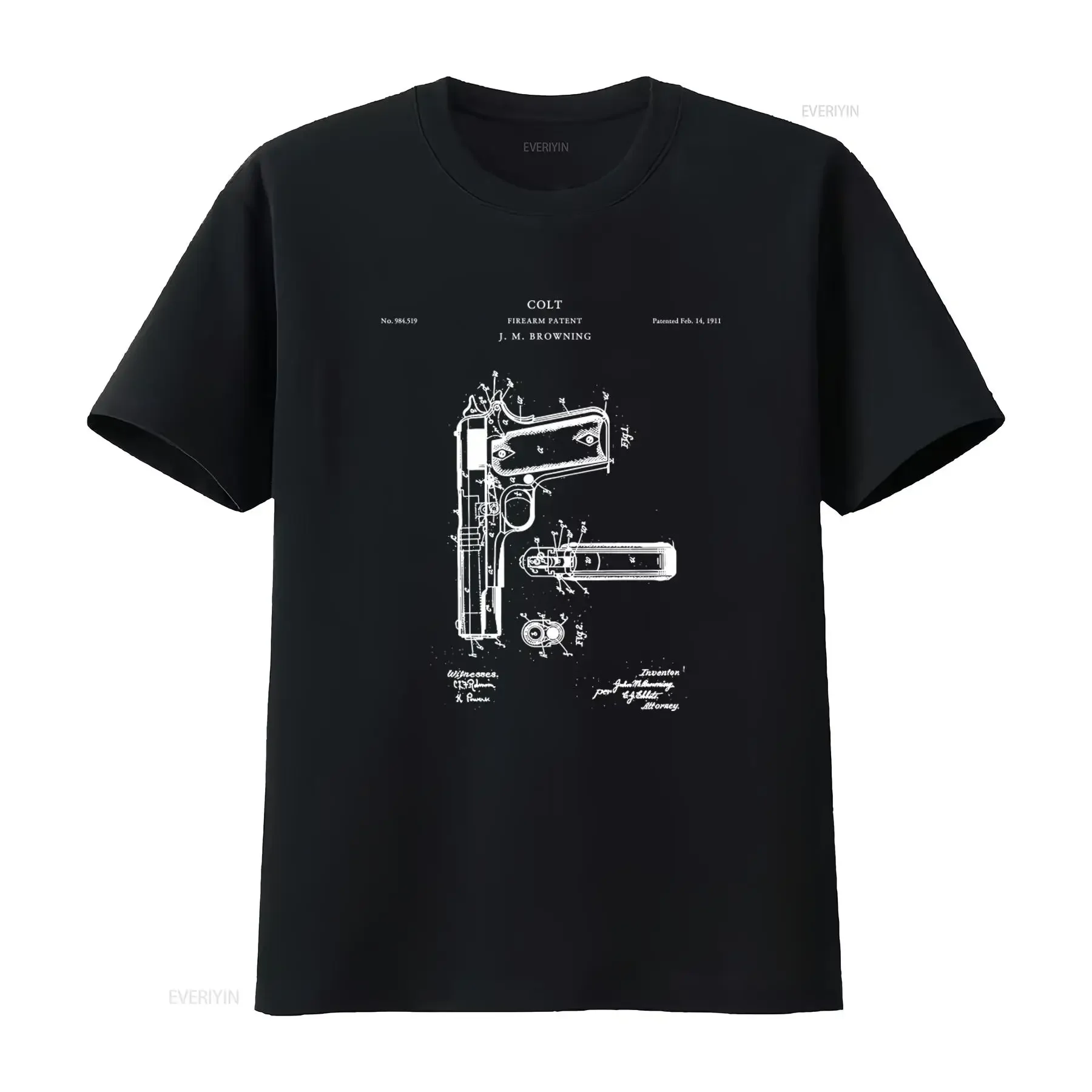 Camiseta con estampado de arte patentado de la pistola Colt 1911 Semi Auto Pistol 45 para entusiastas de las armas de fuego, estilo vintage, lavada y cómoda.