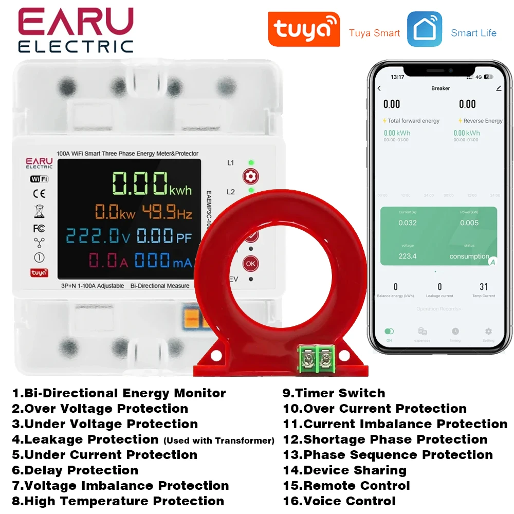 3P 100A Tuya WiFi Smart Bi-Directional Energy Power kWh Meter Leakage Over Under Voltage Protector Relay Switch Current Limit