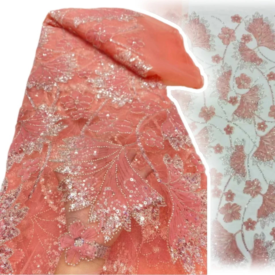 

African Pink Lace Fabric 2025 High Quality Lace Nigerian Embroidery Beaded Lace Fabrics for Sewing Wedding Party Dresses TP1711