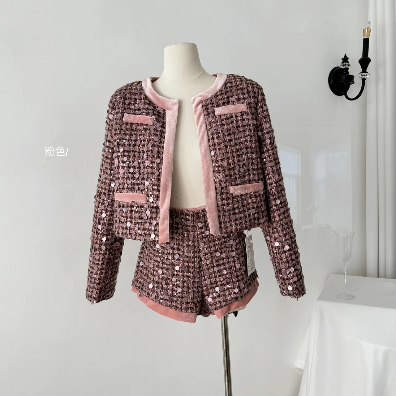 Autumn pink Shorts Tweed Two Piece Suits Women Korean Fashion Luxury Long Sleeve Sequined Jacket+Shorts 2 Pcs Matching Sets chic