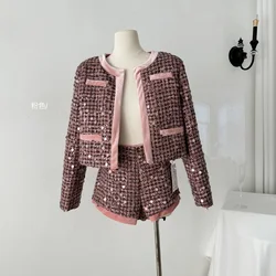 Autumn pink Shorts Tweed Two Piece Suits Women Korean Fashion Luxury Long Sleeve Sequined Jacket+Shorts 2 Pcs Matching Sets chic