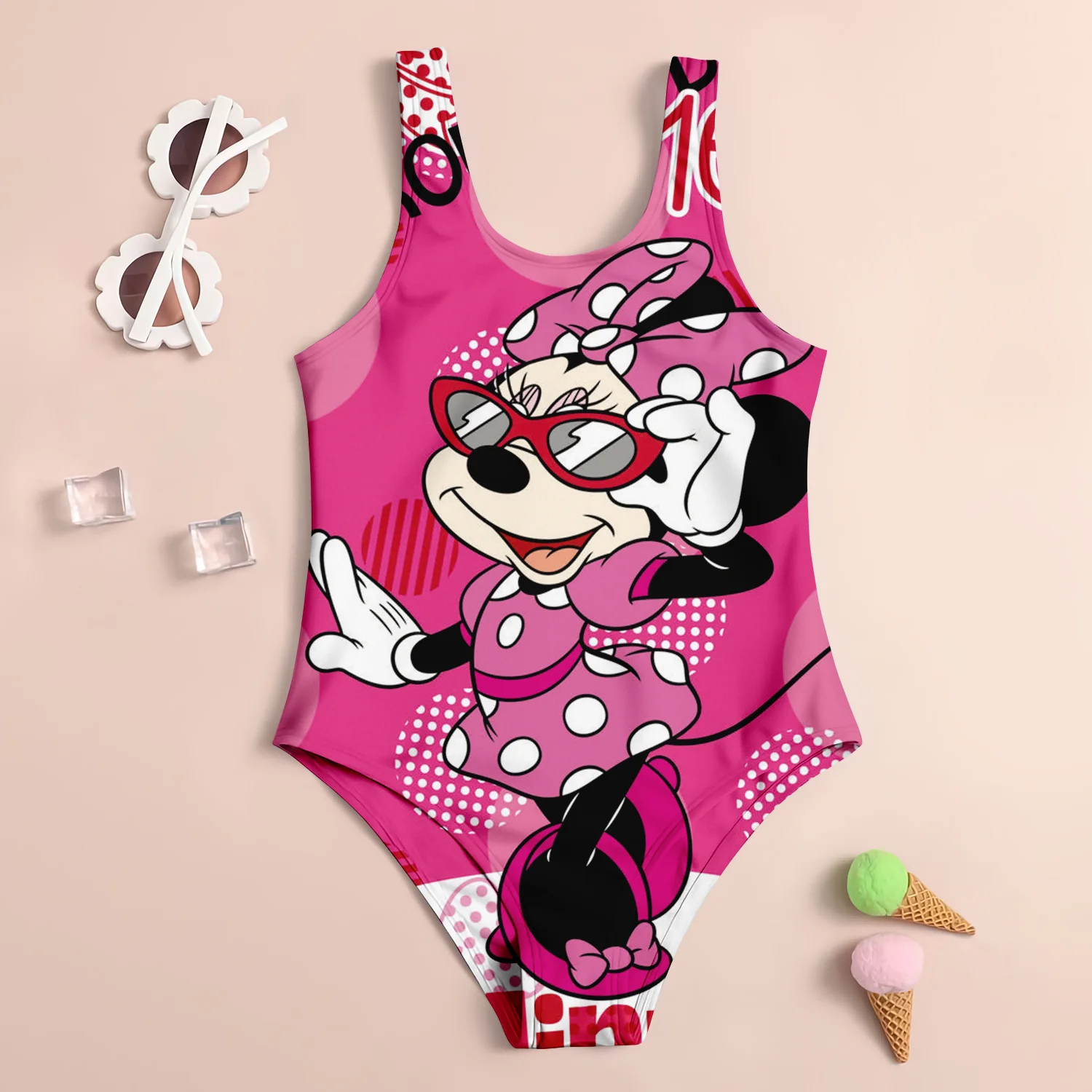 New MINISO Girls One Piece Swimsuit Fashion Cartoon Kuromi & Minnie Mouse 3d Print Kids Sleeveless Swimwear Children\'s Swimwear