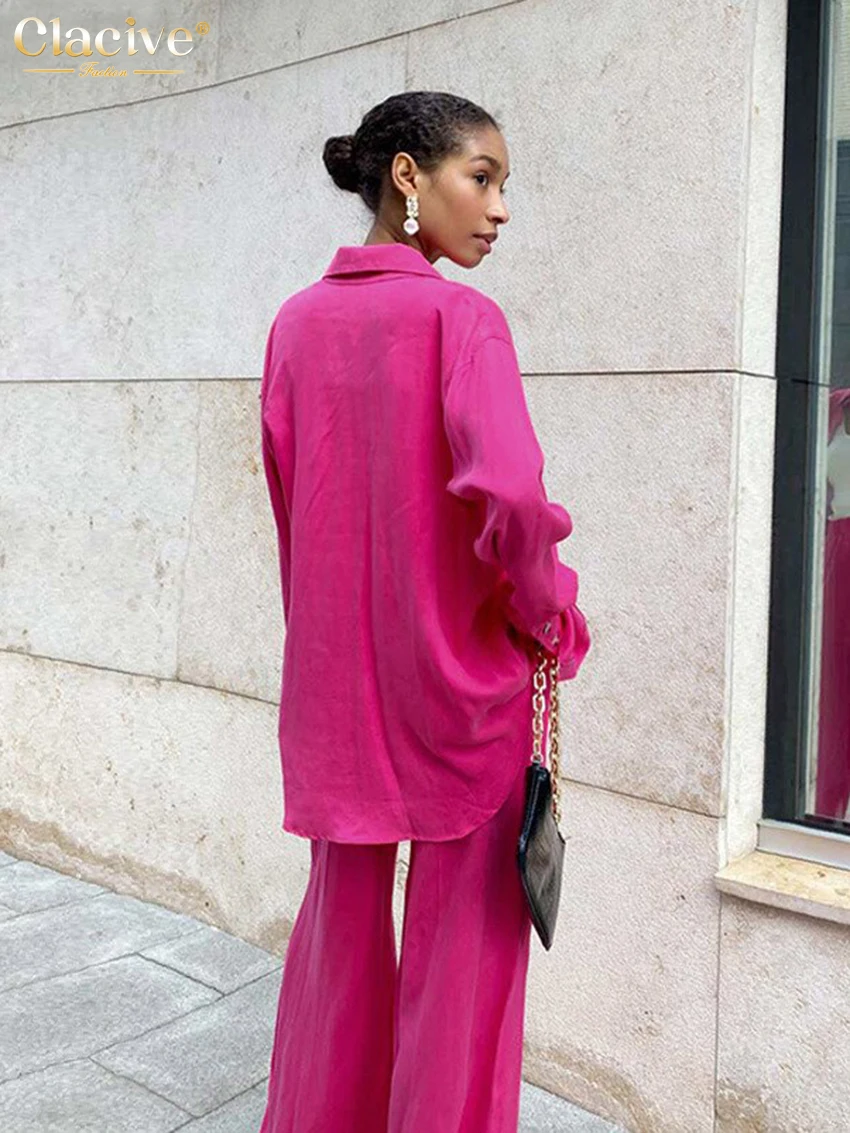 Clacive Autumn Casual Pink Women Sets Fashion Long Sleeve Blouse Shirts High Waist Pants Two Piece Set Wide Leg Trousers Suit