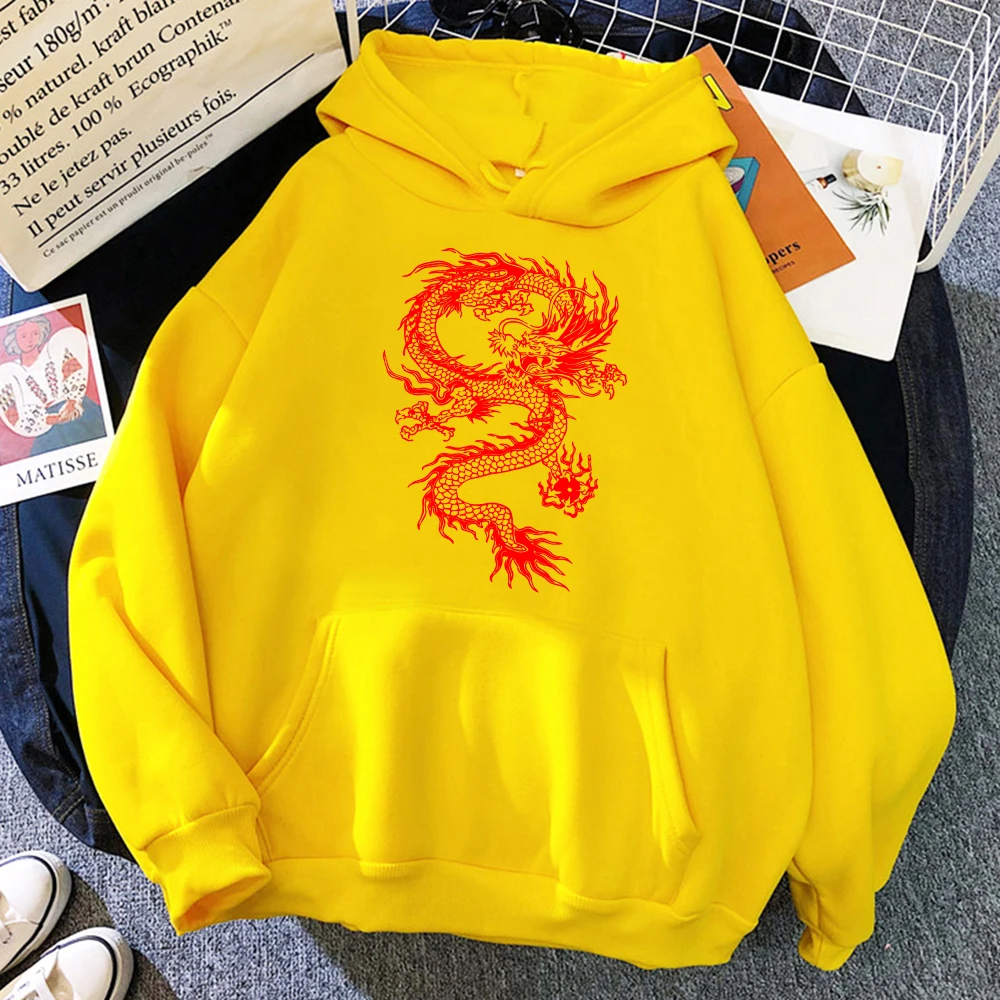 Personality Red Dragon Street Print Women Hoodies Hip Hop Pullover Hoodie New Pocket Loose Hoodies Casual Loose Clothing Female