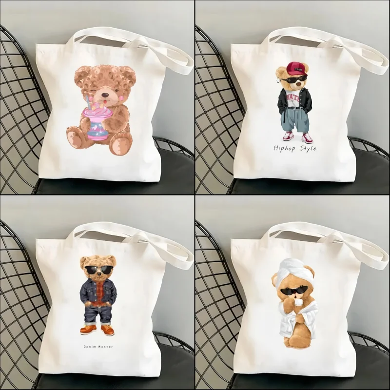 Harajuku Cute Bear Art Shoulder Bags Kawaii Fashion Tote Handbag Canvas Girl Environmental Large Capacity Portable Shopping Bag