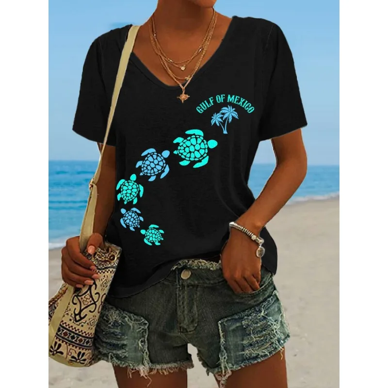 Women's Gulf of Mexico Print T-Shirts Summer Beach Holiday T Shirt Casual Short Sleeve V Neck Tops