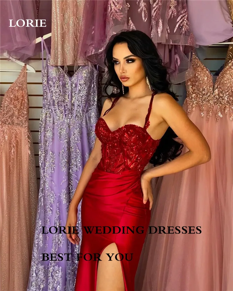 LORIE Red Lace Sweetheart Mermaid Formal Evening Dresses Spaghetti Straps Side Split Summer Prom Gowns Evening Party Dress