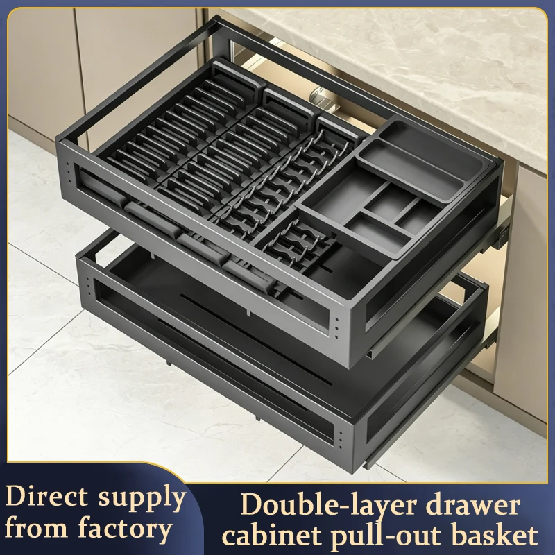 Premium Rustproof 304 Stainless Steel Double Drawer Slide Out Under Sink Cabinet Organizer Rack For Bowls Plates And Utensils
