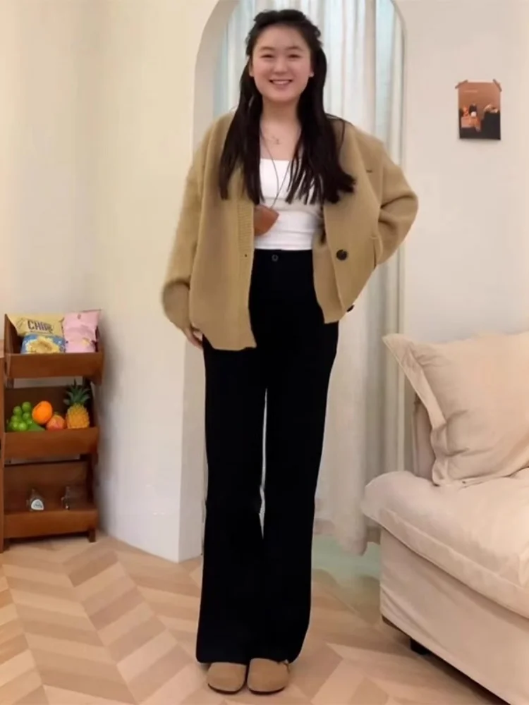 กางเกงยีนส์ทรงบานขาตรงเอวสูงสำหรับผู้หญิง ผ้าเดนิมยืดหยุ่น สวมใส่สบาย