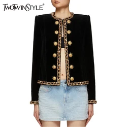 TWOTWINSTYLE Patchwork Sequins Chic Coats For Women Round Neck Long Sleeve Spliced Metal Buckle Casual Jackets Female Fashion