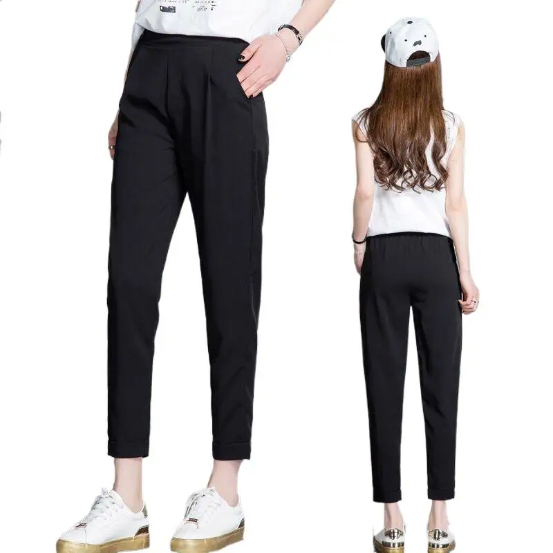 

2024 Women Summer Chiffon Pencil Pants OL Solid Black High Elastic Waist Ankle-Length Pants With Pocket -