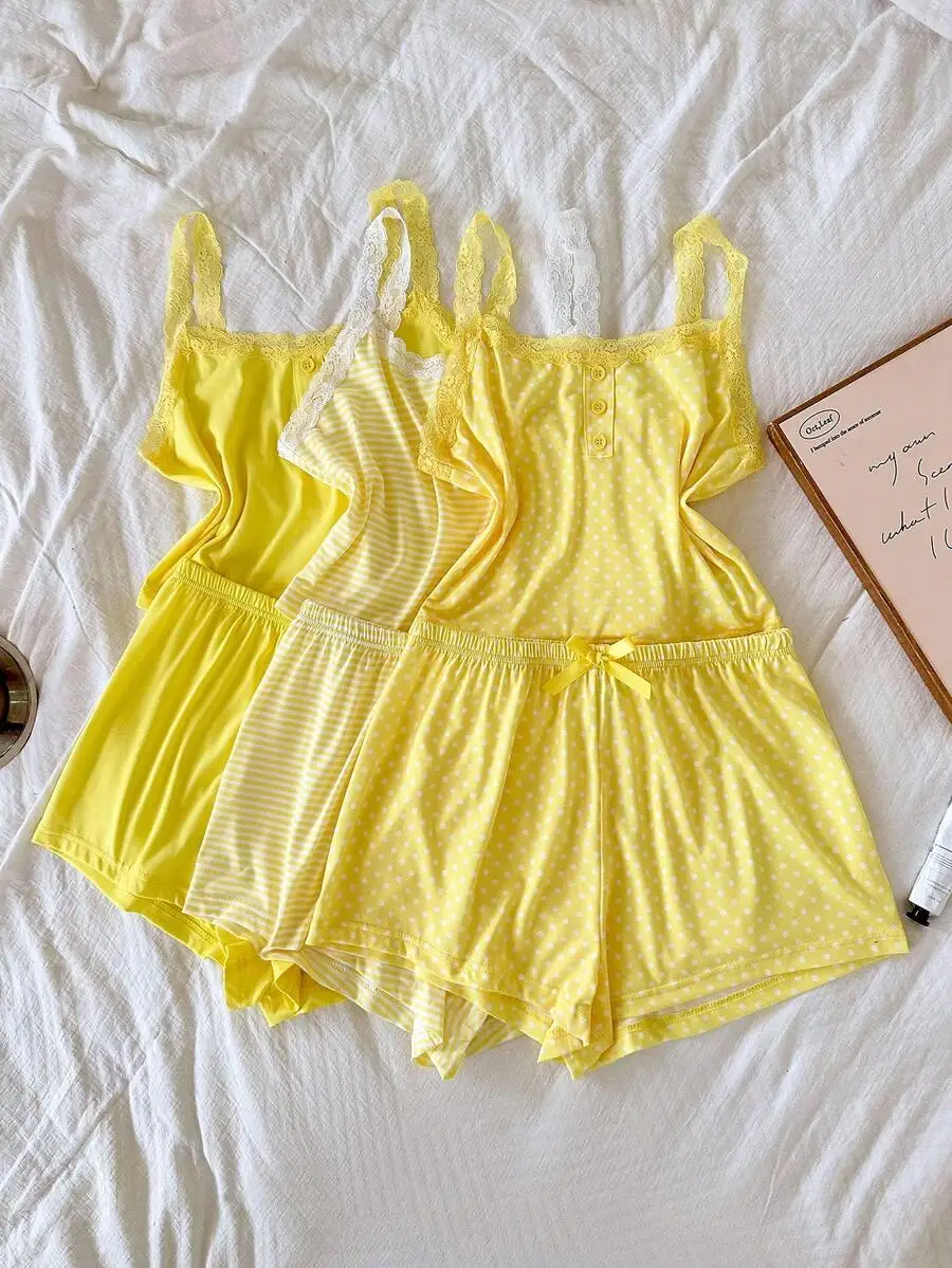 

Womens Yellow Lace Trim Camisole And Shorts Pajama Set With Polka Dot Striped Solid Designs